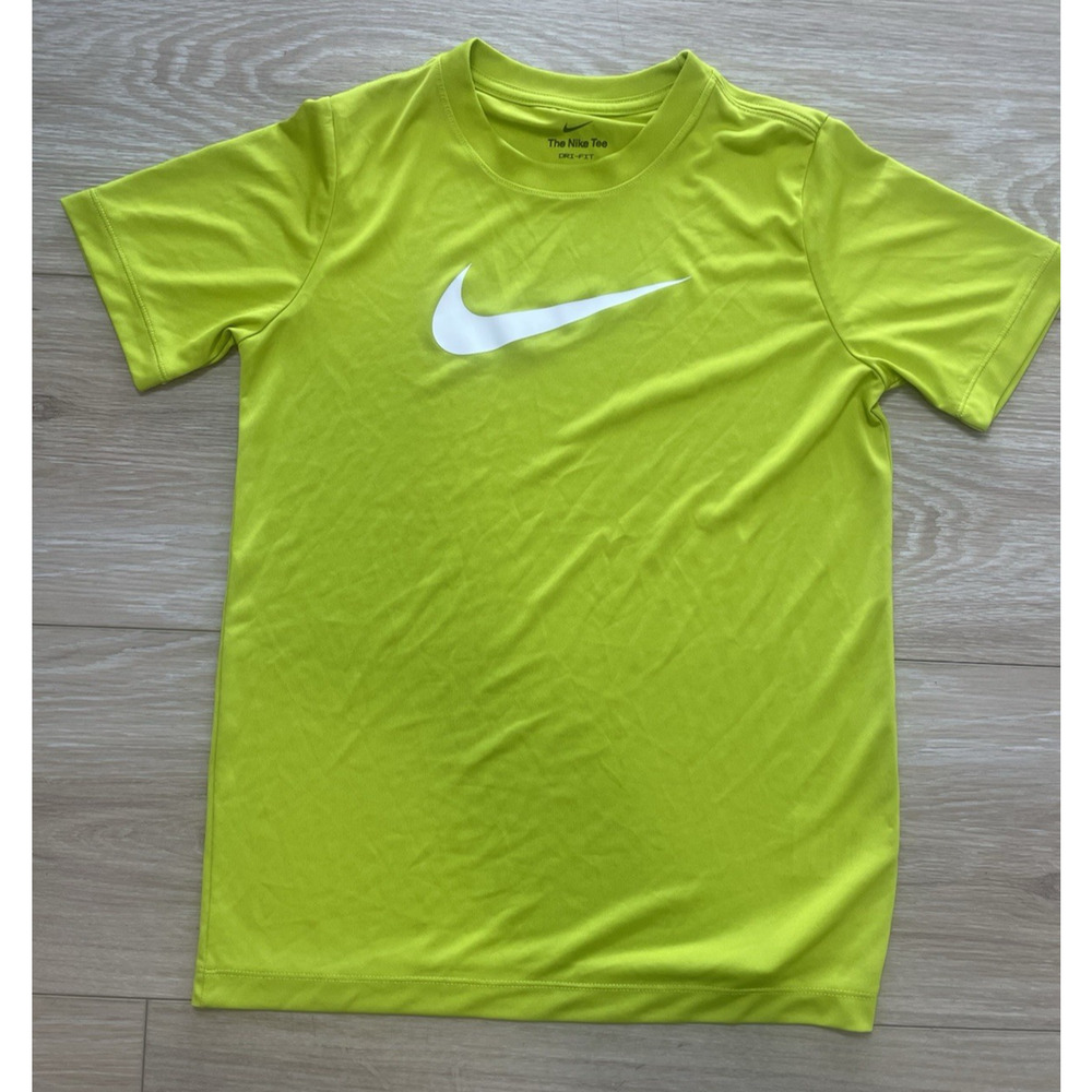Nike Tee Dri Fit Neon Yellow Boys Youth Large Short Sleeve Logo T Athletic Swoos